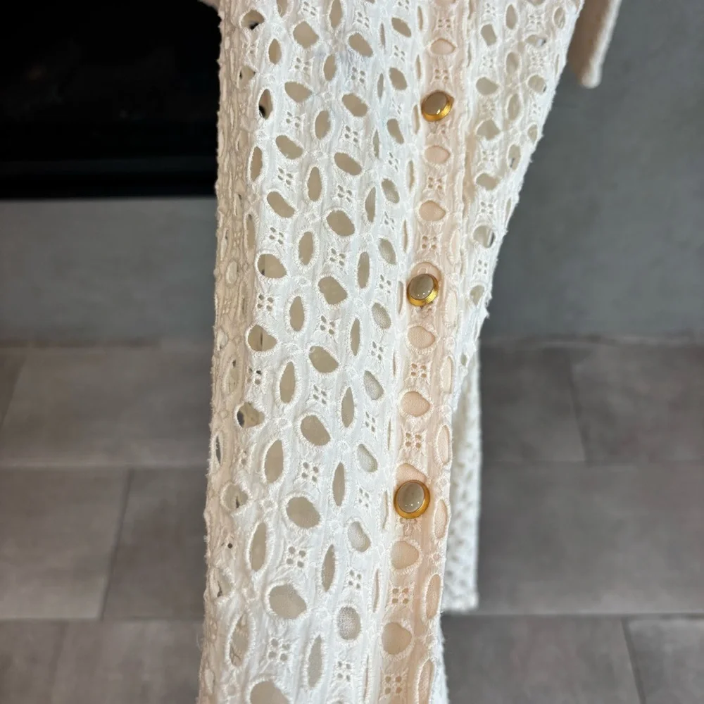 ZARA CREAM EMBROIDERED CUTWORK MIDI DRESS, SIZE M
